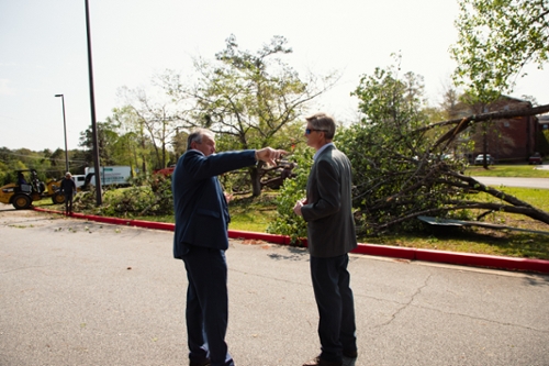 President Blake assessing damage to the Cochran Campus on April 7.